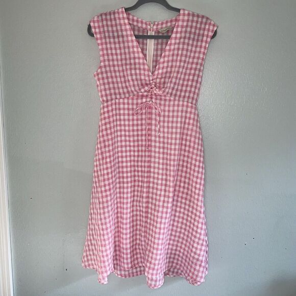 Anthropology Tylho Pink Gingham Dress Ruched Tie Front Fit Flare Cottagecore S - Picture 1 of 10
